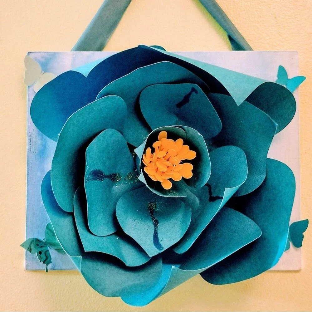 Hand Crafted 3-D Rose Art Canvas Floral Blue Mixed Media 8x10 inch